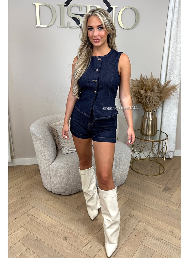 DARK BLUE - 'VENA TOP' - ASSYMETRIC BUTTON DENIM STRETCH GILET TOP