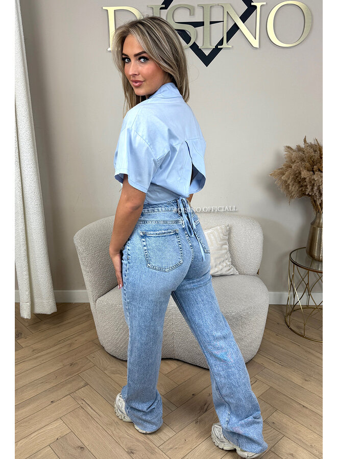 LIGHT BLUE - 'CARMEN BLOUSE' - OPEN BACK SHORT SLEEVE SHIRT