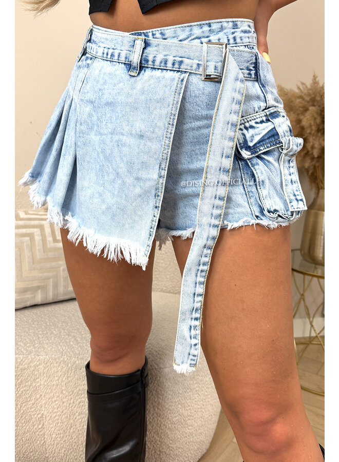 BLUE - 'RAYE SKORT' - DENIM PLISSE CARGO SKORT