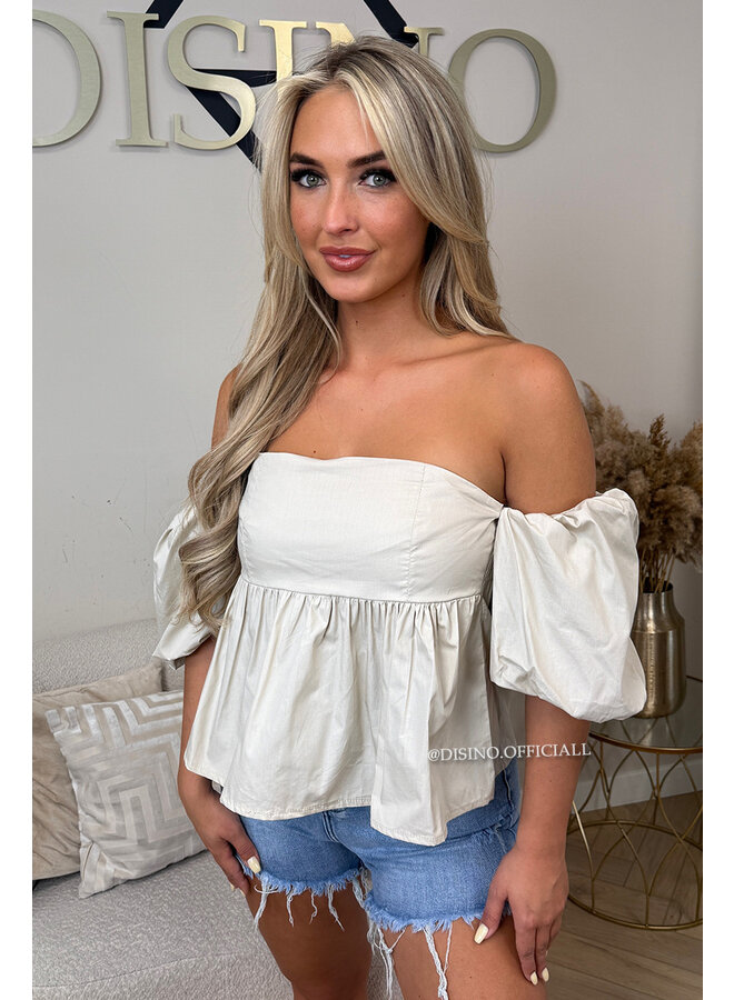BEIGE - 'POPPY TOP' - OFF SHOULDER PEPLUM TOP