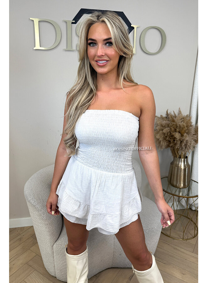 BEIGE - 'JESSY PLAYSUIT' - STRAPLESS MOUSSELINE WAFFLE COTTON PLAYSUIT