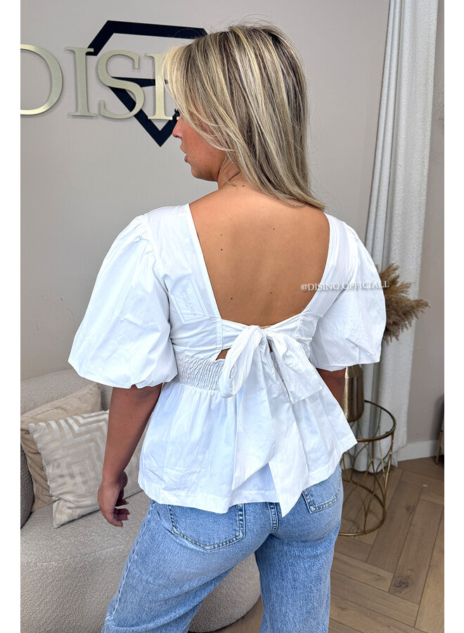 WHITE - 'NOELLE' - BOW-BACK PUFF BLOUSE TOP