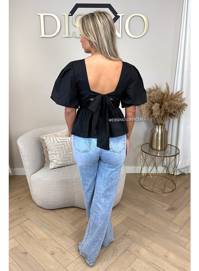 BLACK - 'NOELLE' - BOW-BACK PUFF BLOUSE TOP