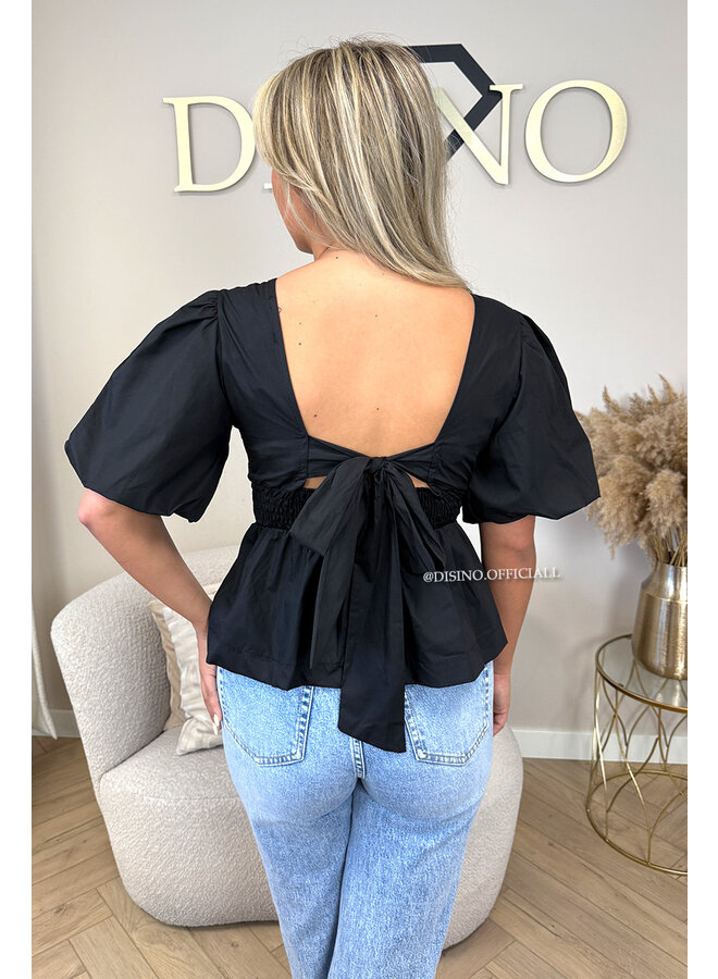 BLACK - 'NOELLE' - BOW-BACK PUFF BLOUSE TOP