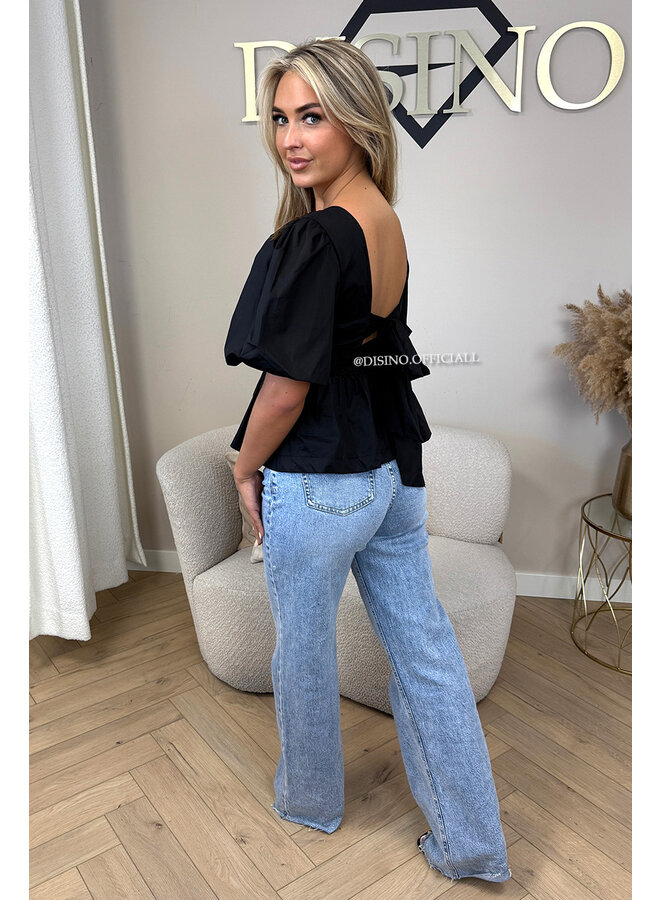 BLACK - 'NOELLE' - BOW-BACK PUFF BLOUSE TOP
