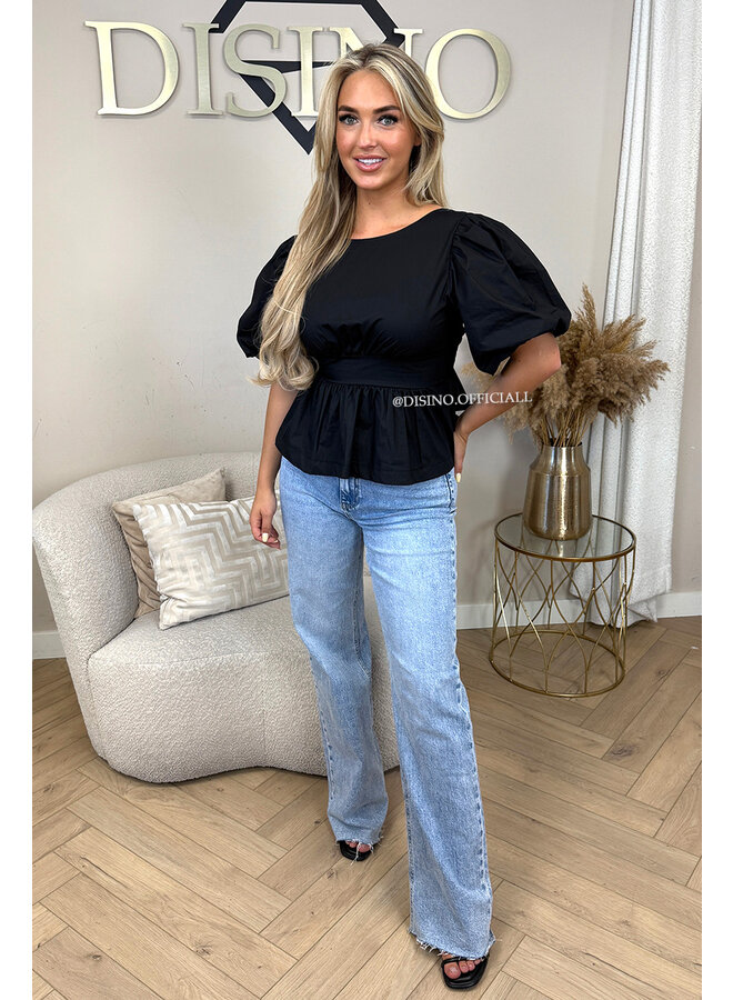 BLACK - 'NOELLE' - BOW-BACK PUFF BLOUSE TOP