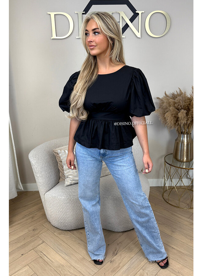 BLACK - 'NOELLE' - BOW-BACK PUFF BLOUSE TOP