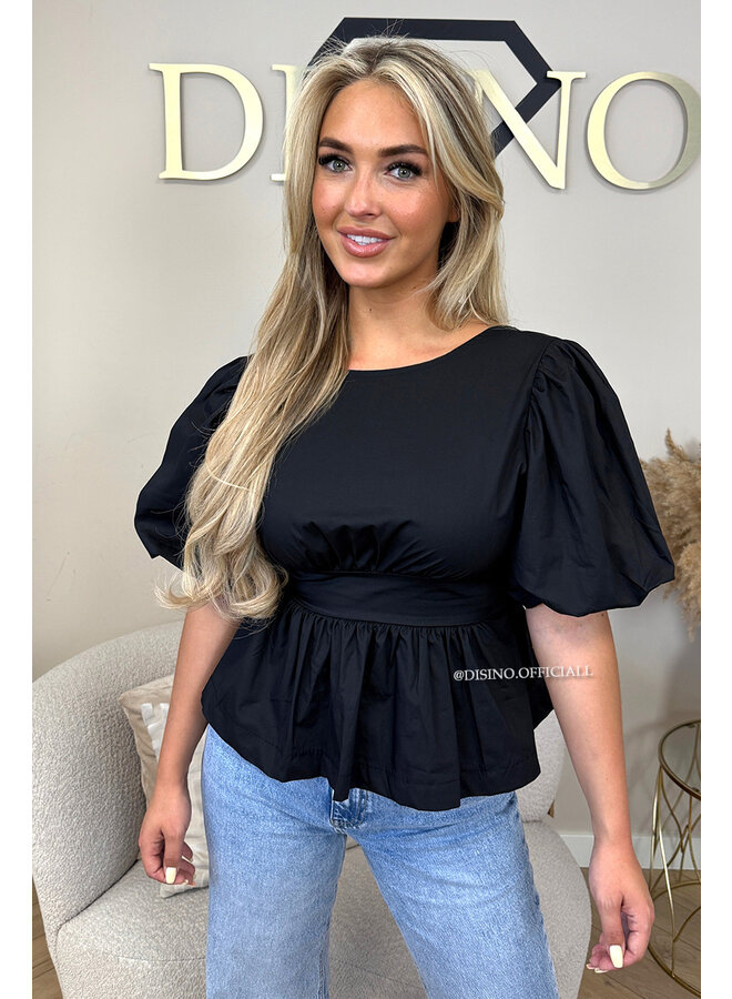 BLACK - 'NOELLE' - BOW-BACK PUFF BLOUSE TOP