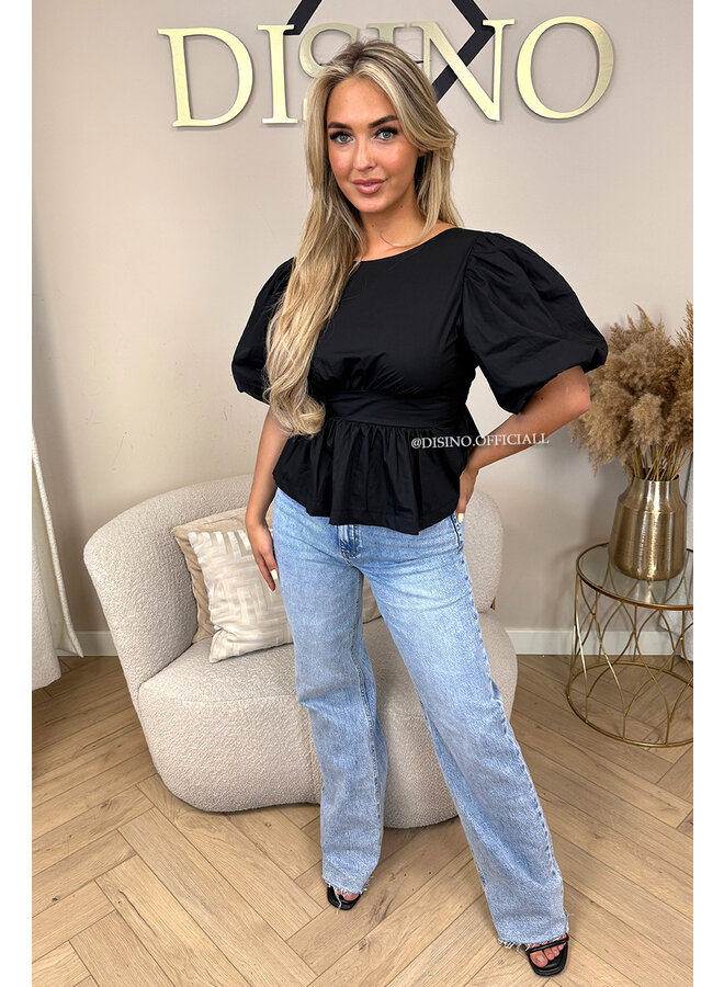 BLACK - 'NOELLE' - BOW-BACK PUFF BLOUSE TOP