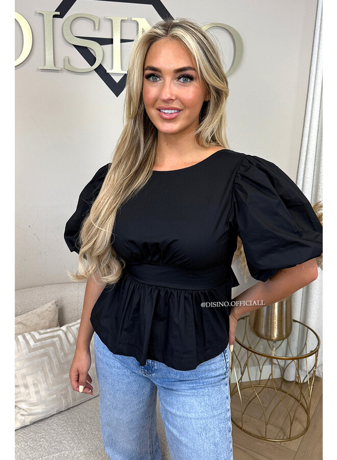 BLACK - 'NOELLE' - BOW-BACK PUFF BLOUSE TOP