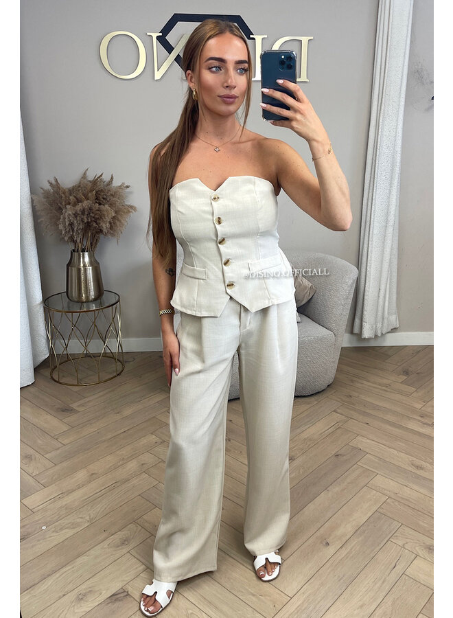 BEIGE - 'ROSELLA' - LINNEN GILET TOP + PANTALON SET