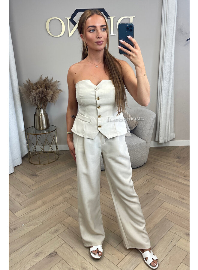 BEIGE - 'ROSELLA' - LINNEN GILET TOP + PANTALON SET