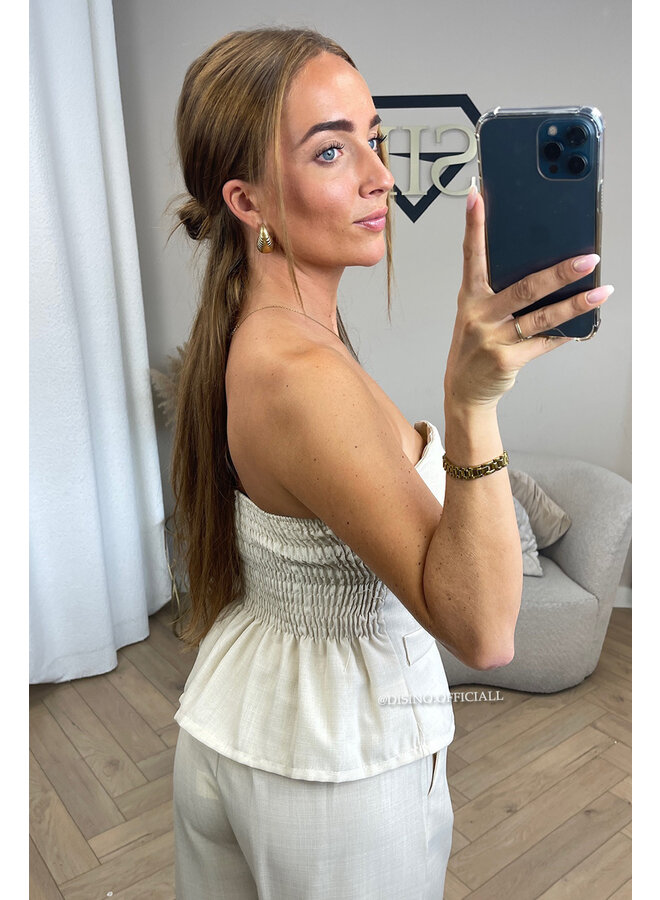 BEIGE - 'ROSELLA' - LINNEN GILET TOP + PANTALON SET