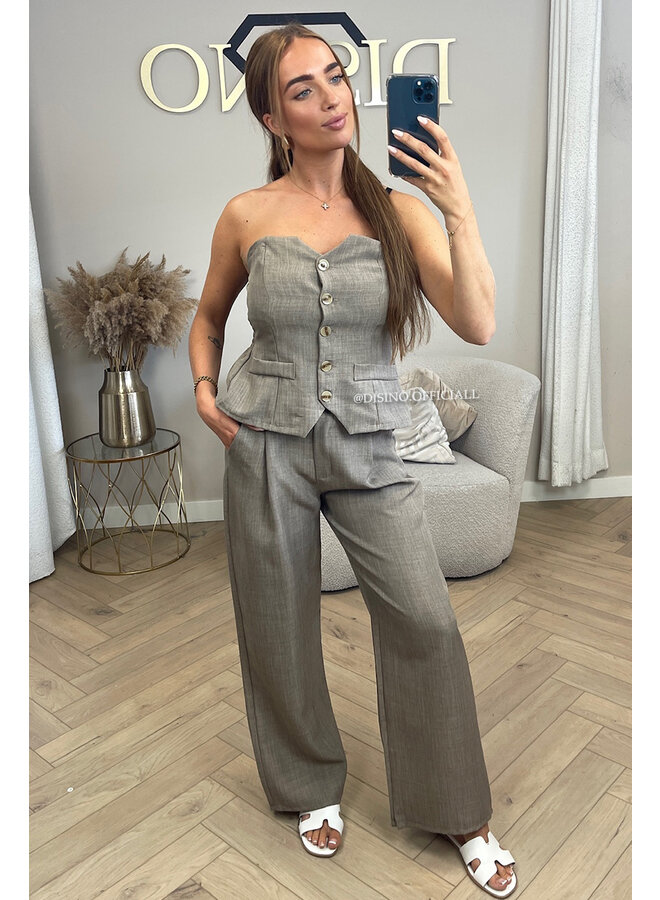 TAUPE - 'ROSELLA' - LINNEN GILET TOP + PANTALON SET