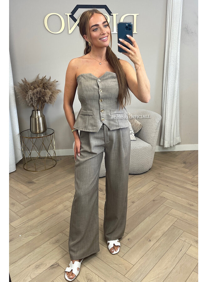TAUPE - 'ROSELLA' - LINNEN GILET TOP + PANTALON SET