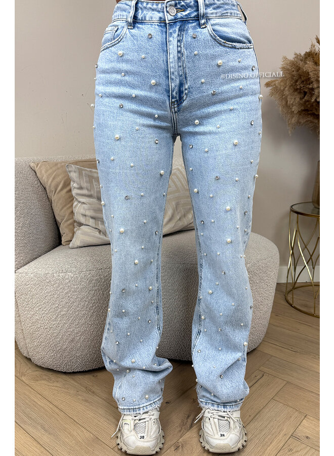 LIGHT BLUE - 'PEARL JEANS' - EXCLUSIVE STRETCH ALL OVER PEARL WIDE LEG JEANS