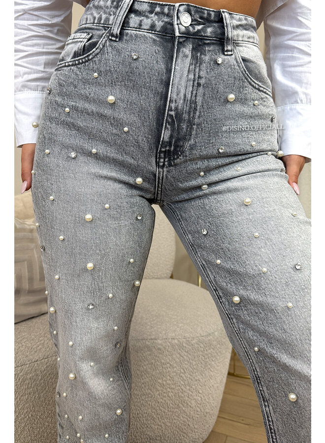GREY - 'PEARL JEANS' - EXCLUSIVE STRETCH ALL OVER PEARL WIDE LEG JEANS