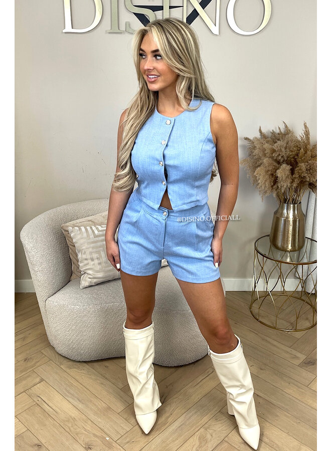 LIGHT BLUE - 'ELLA SET' - STRETCH DENIM GILET TOP + SHORT SET