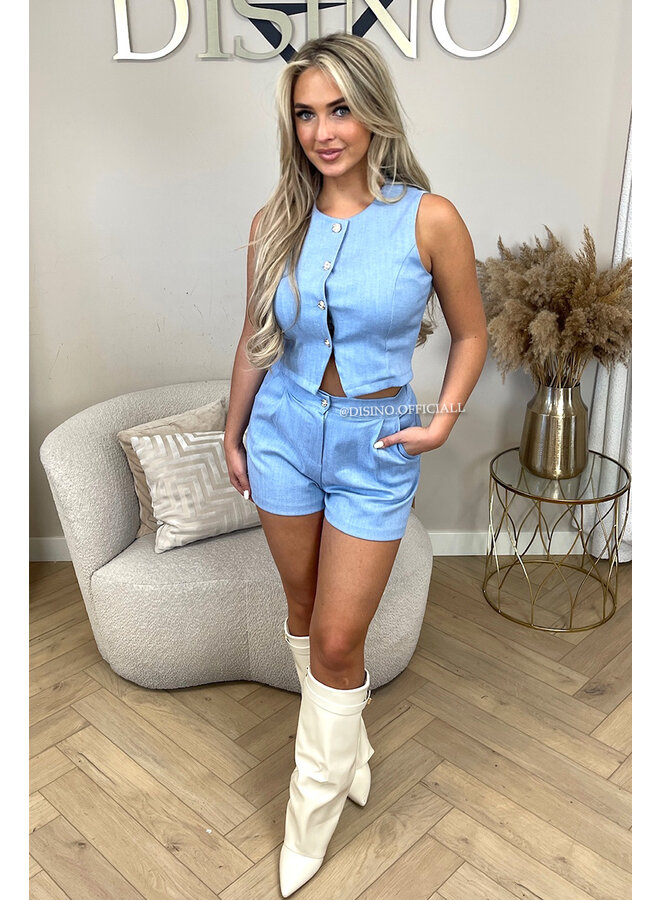 LIGHT BLUE - 'ELLA SET' - STRETCH DENIM GILET TOP + SHORT SET