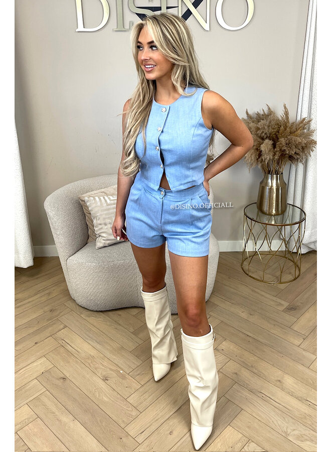 LIGHT BLUE - 'ELLA SET' - STRETCH DENIM GILET TOP + SHORT SET