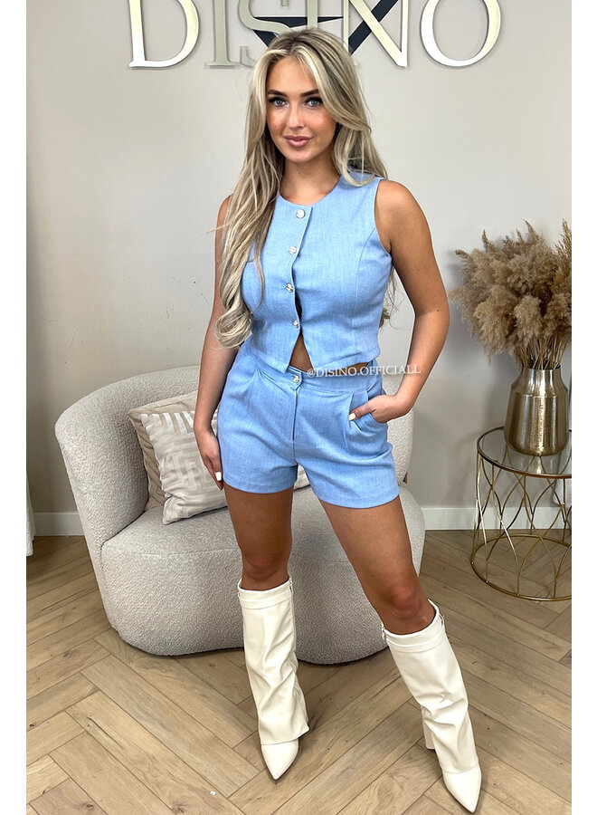 LIGHT BLUE - 'ELLA SET' - STRETCH DENIM GILET TOP + SHORT SET