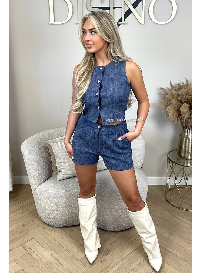 DARK BLUE - 'ELLA SET' - STRETCH DENIM GILET TOP + SHORT SET