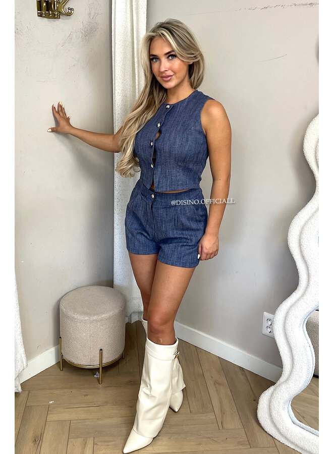 DARK BLUE - 'ELLA SET' - STRETCH DENIM GILET TOP + SHORT SET