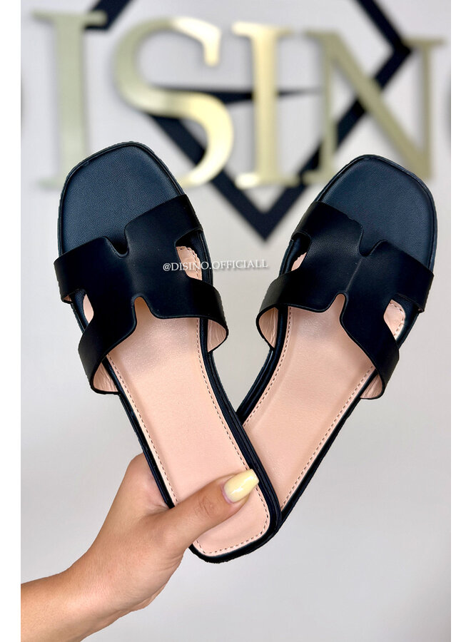 BLACK - 'H-SLIDERS' - DESIGNER INSPIRED SLIPPERS