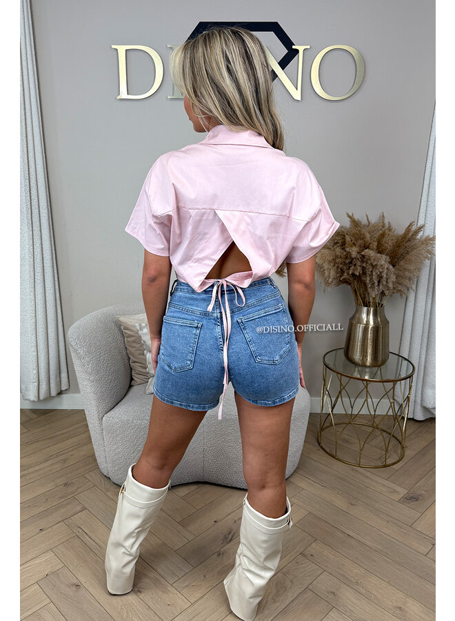 PINK - 'CARMEN BLOUSE' - OPEN BACK SHORT SLEEVE SHIRT