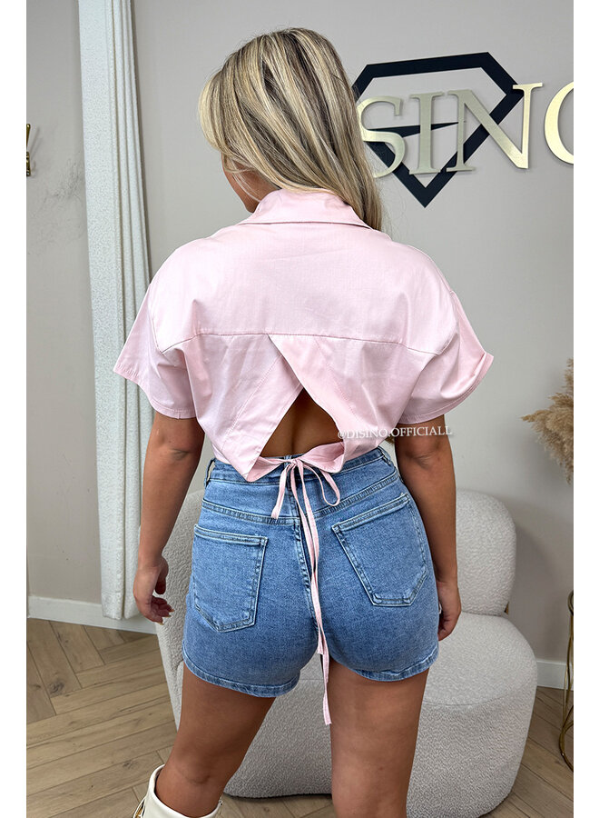 PINK - 'CARMEN BLOUSE' - OPEN BACK SHORT SLEEVE SHIRT