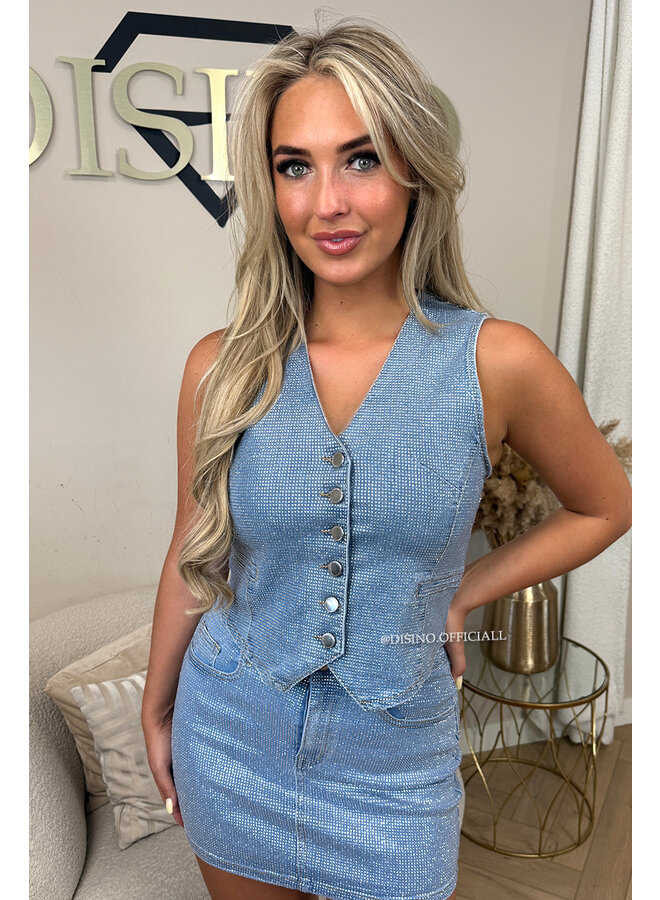 BLUE - 'CHARLIE GILET' - EXCLUSIVE RHINESTONES ALL OVER GILET TOP