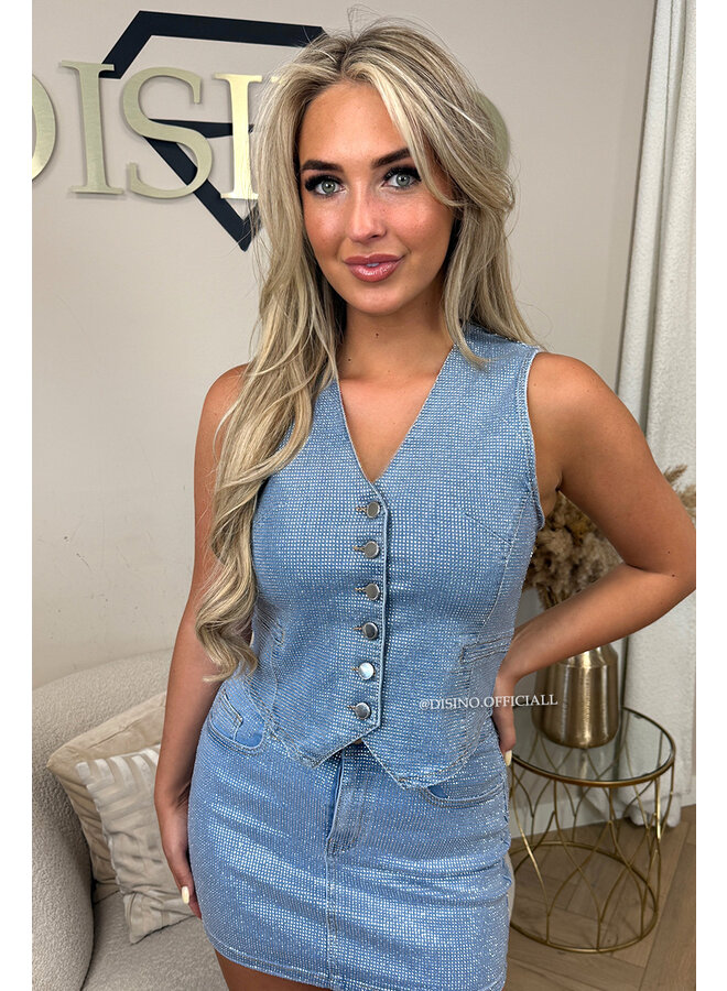 BLUE - 'CHARLIE GILET' - EXCLUSIVE RHINESTONES ALL OVER GILET TOP