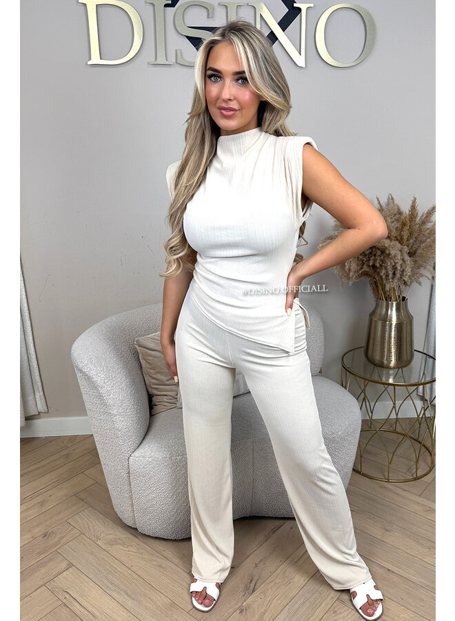 BEIGE - 'ISABELLA SET' - PUFF SHOULDER TOP + PANTS SET