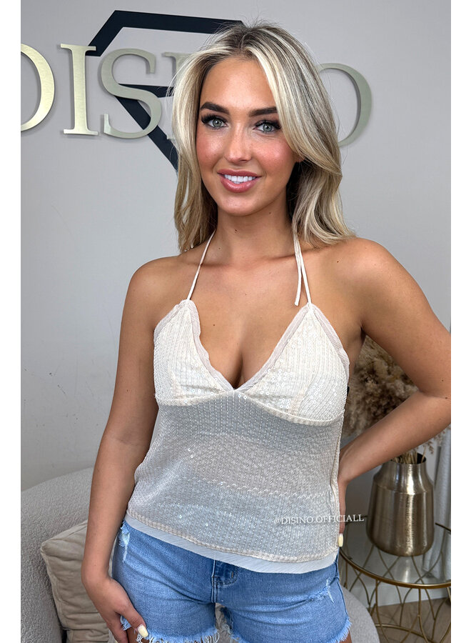 BEIGE - 'POLLY TOP' - ALL OVER SPARKLE FESTIVAL HALTER TOP