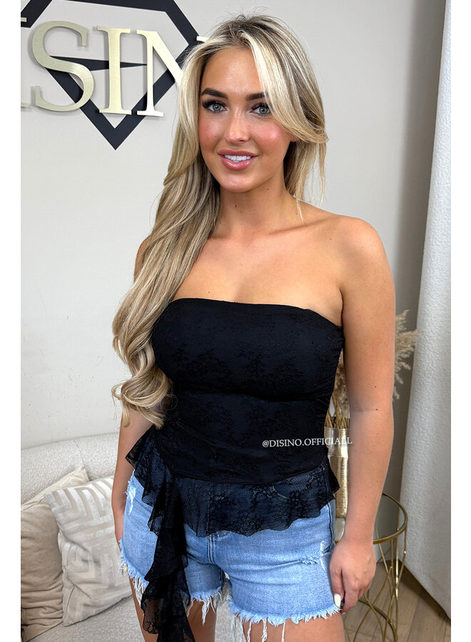 BLACK - 'NOA TOP' - RUFFLE STRAPLESS LACE TOP
