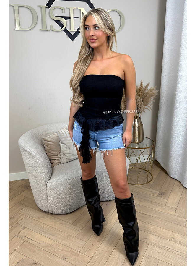 BLACK - 'NOA TOP' - RUFFLE STRAPLESS LACE TOP