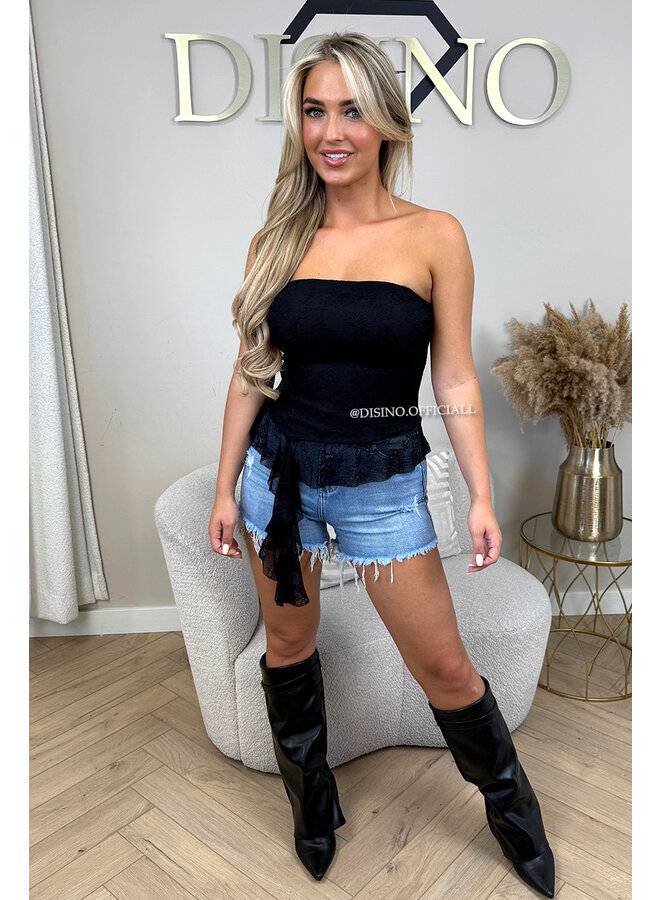 BLACK - 'NOA TOP' - RUFFLE STRAPLESS LACE TOP