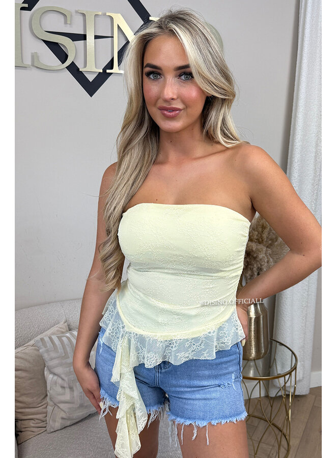 YELLOW - 'NOA TOP' - RUFFLE STRAPLESS LACE TOP