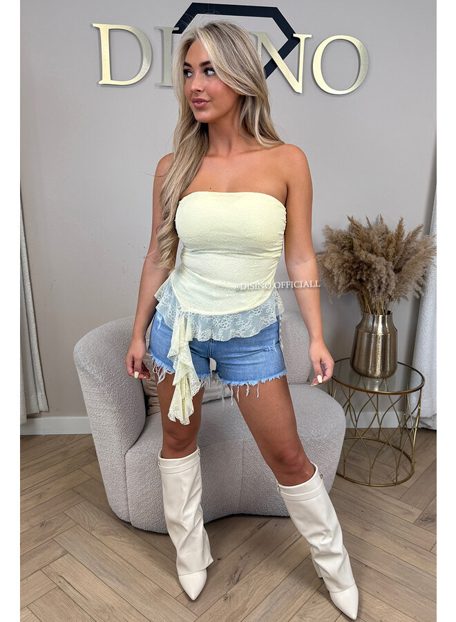 YELLOW - 'NOA TOP' - RUFFLE STRAPLESS LACE TOP