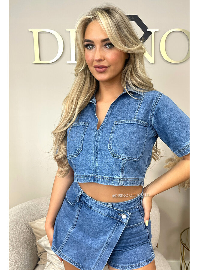 DARK BLUE - 'LILOU TOP' - STRETCH DENIM SHIRT TOP