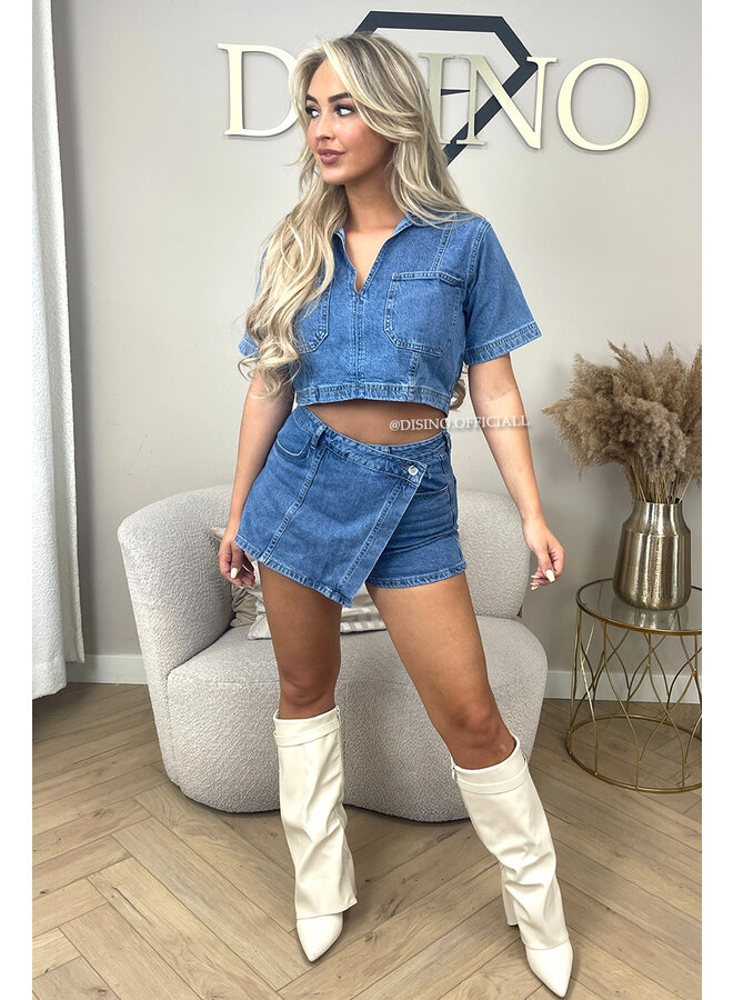 DARK BLUE - 'LILOU TOP' - STRETCH DENIM SHIRT TOP