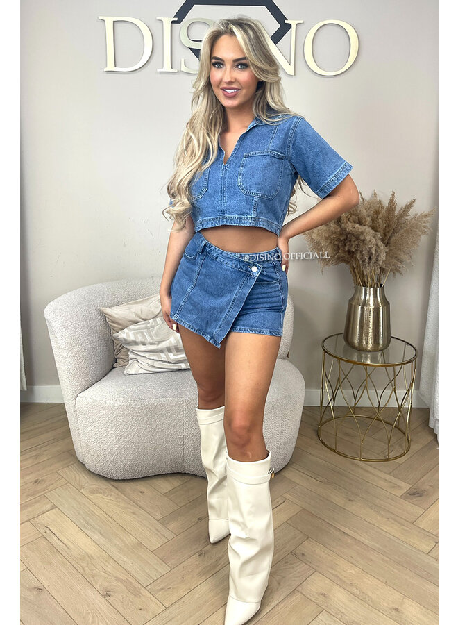 DARK BLUE - 'LILOU TOP' - STRETCH DENIM SHIRT TOP