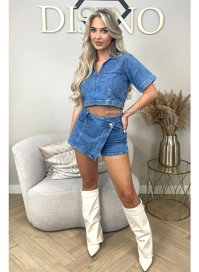 DARK BLUE - 'LILOU TOP' - STRETCH DENIM SHIRT TOP
