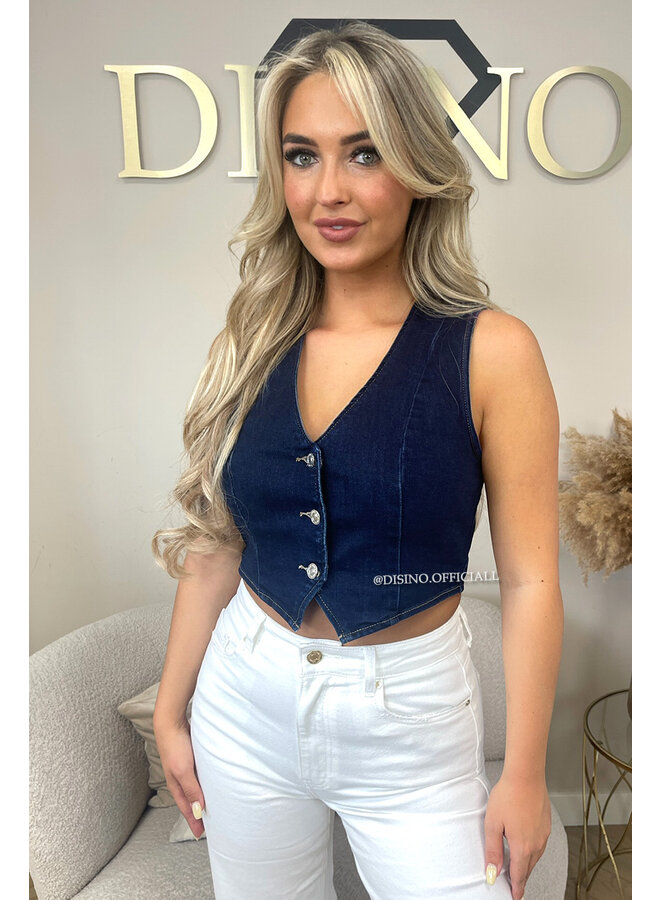 DARK BLUE - 'LIVIA TOP' - SUPER STRETCH DENIM GILET TOP