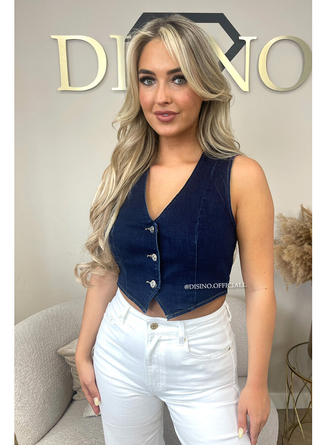 DARK BLUE - 'LOLA TOP' - SUPER STRETCH DENIM GILET TOP