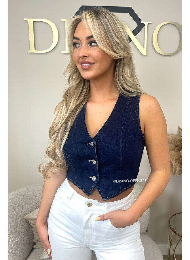 DARK BLUE - 'LIVIA TOP' - SUPER STRETCH DENIM GILET TOP