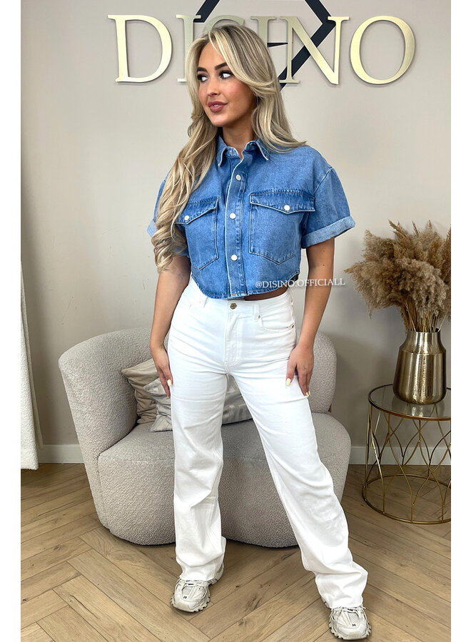BLUE - 'SHANNON TOP' - PREMIUM QUALITY DENIM SHORT SLEEVE BLOUSE