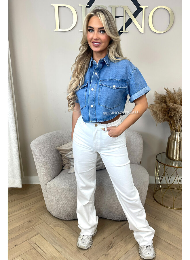 BLUE - 'SHANNON TOP' - PREMIUM QUALITY DENIM SHORT SLEEVE BLOUSE