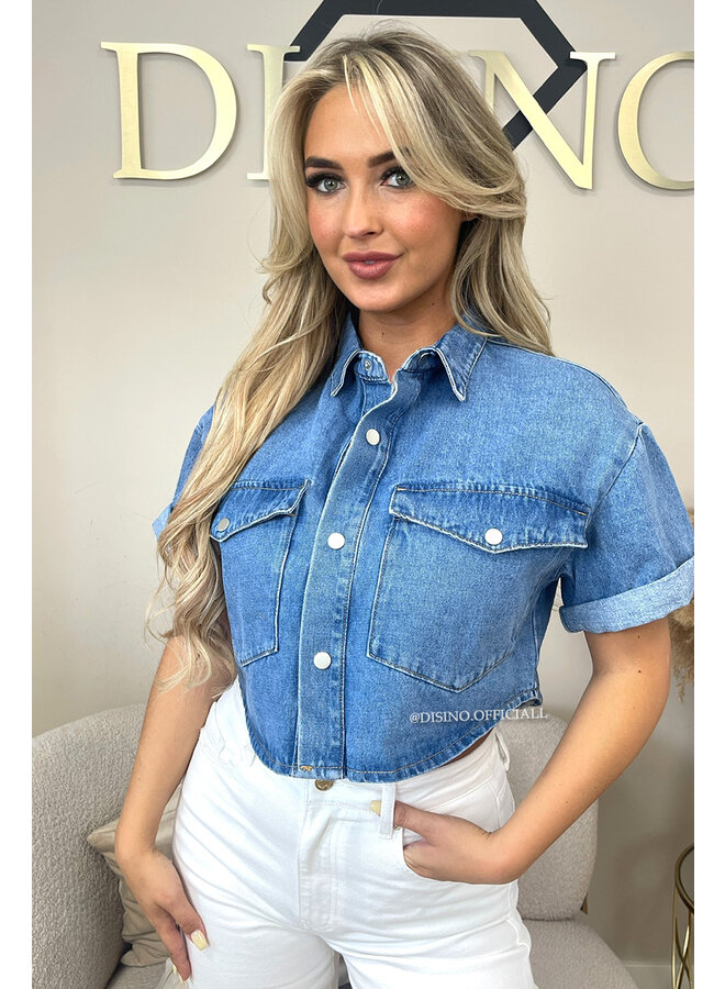 BLUE - 'SHANNON TOP' - PREMIUM QUALITY DENIM SHORT SLEEVE BLOUSE