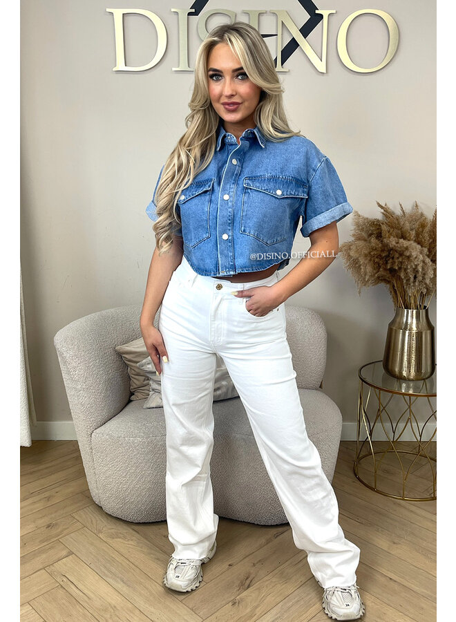 BLUE - 'SHANNON TOP' - PREMIUM QUALITY DENIM SHORT SLEEVE BLOUSE
